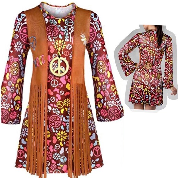 Hippie Boho Peace 70s Deluxe Costume Set Halloween Cosplay Set Plus Size XXL-3XL - Picture 3 of 13